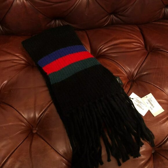 GUCCI THICK BLACK WEB STRIPE MOHAIR WOOL BLEND WARM UNISEX LONG SCARF 236cm - Picture 4 of 6